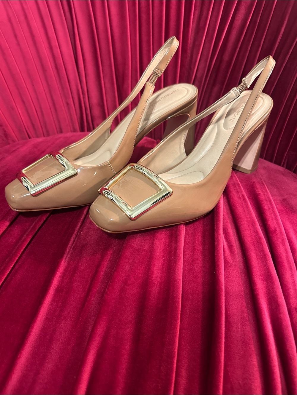 Antonio Melani Elisa Tan Patent Slingback Pumps with Gold Buckle Accent